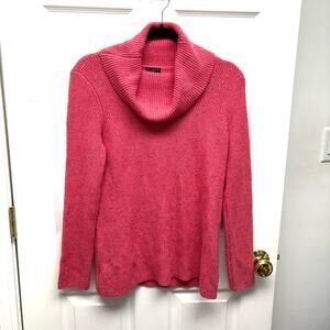Talbots Sweater Pink Cowl Neck Blue flocking, Size Small Petite, Hip Length